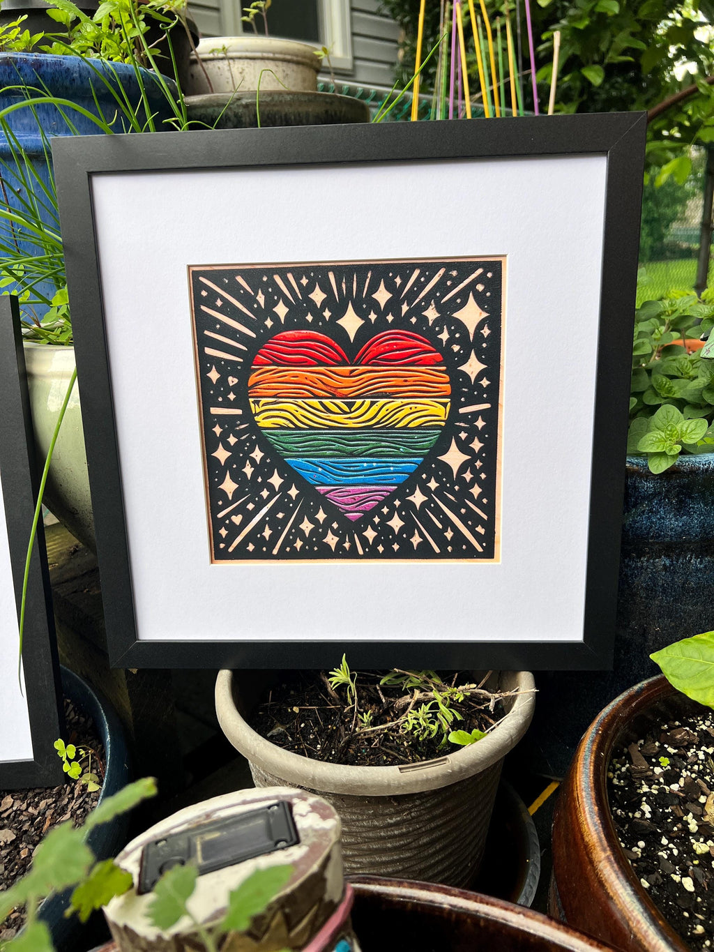 Rainbow Heart | 12″ × 12″ Linocut-Inspired Art