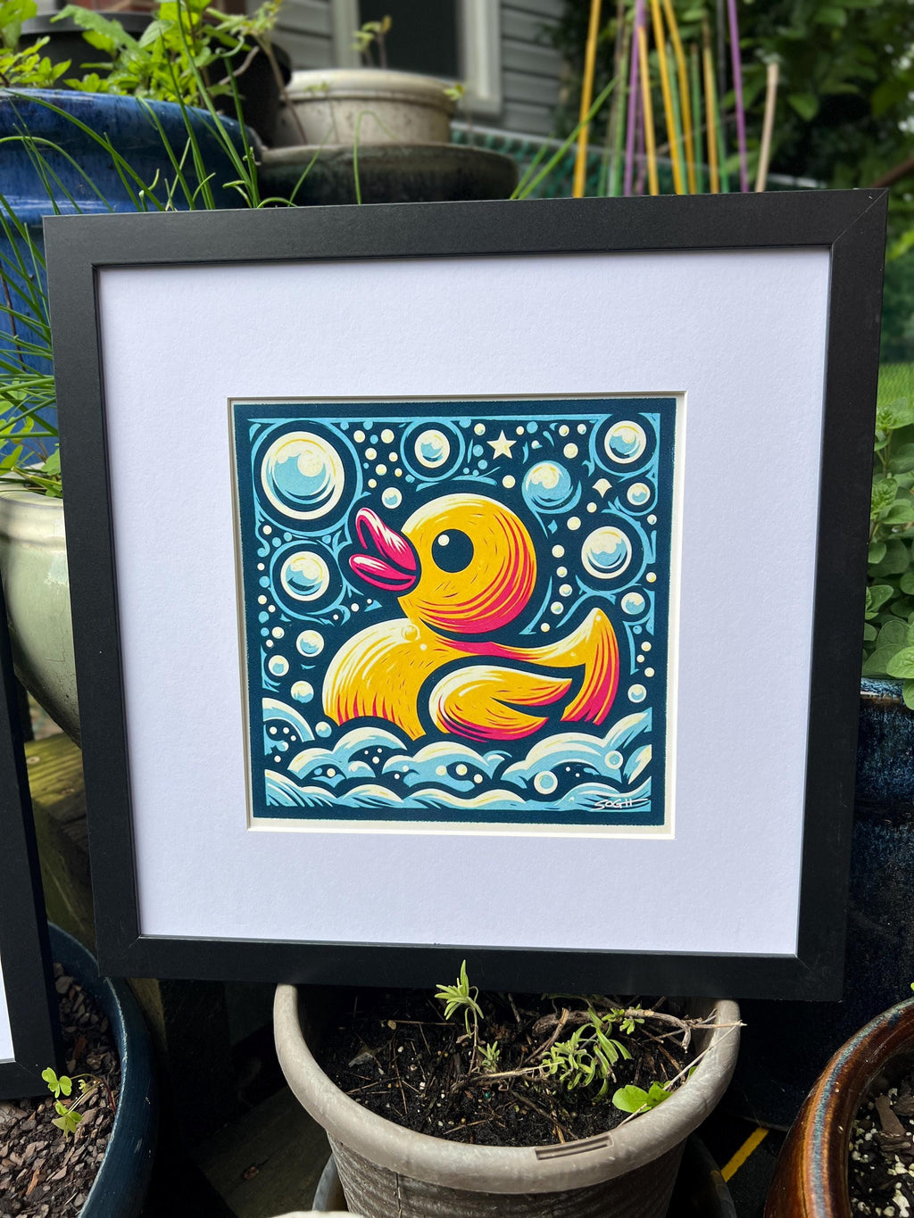 Rubber Ducky | 12″ × 12″ Linocut-Inspired Art