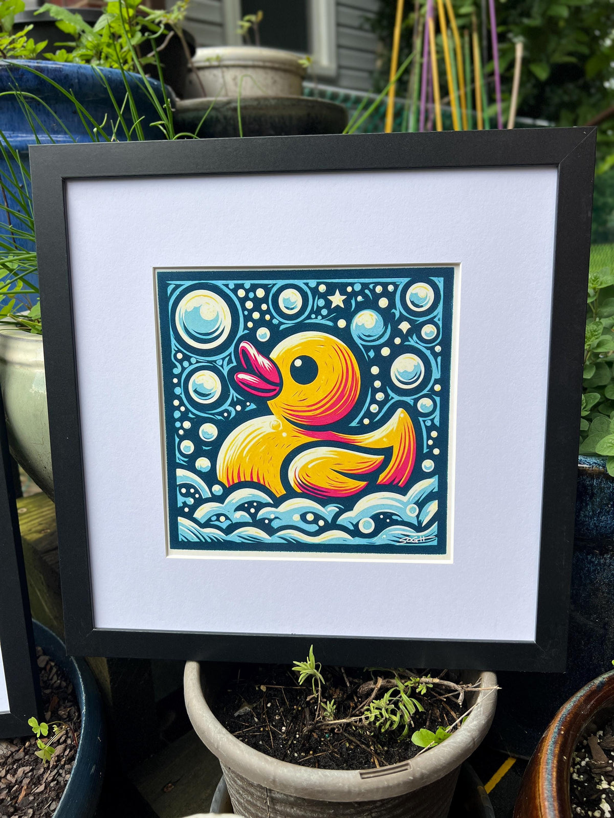 Rubber Ducky | 12″ × 12″ Linocut-Inspired Art